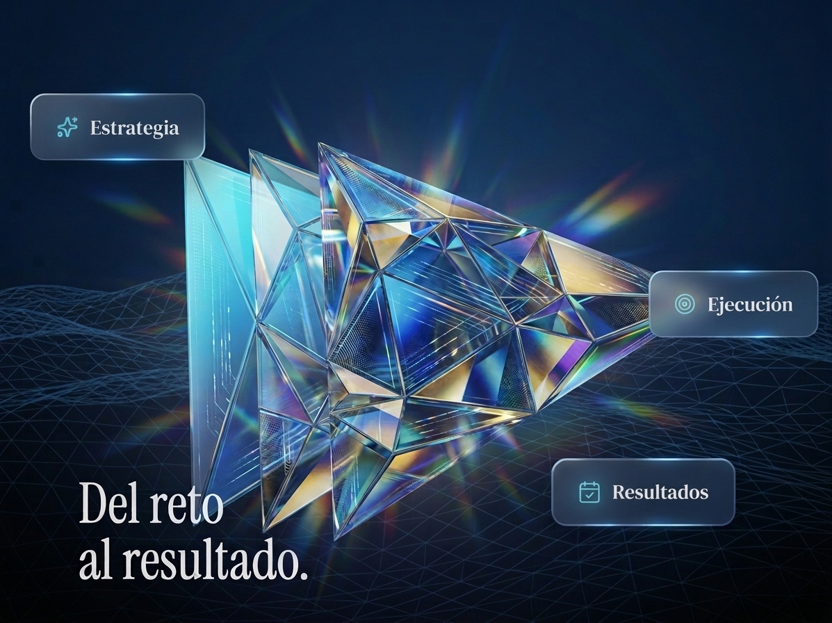 Estrategia, ejecución y resultados representados mediante triángulos tridimensionales